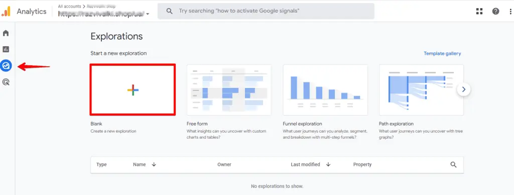 The new blank report in the Explorations section of GA4