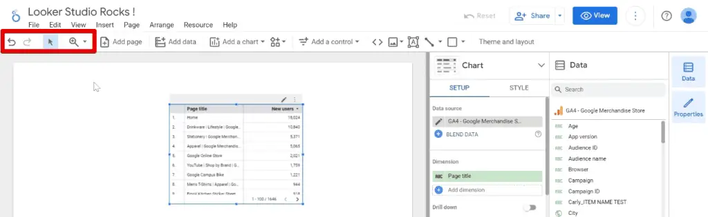 The undo, redo, selection mode, and zoom buttons
