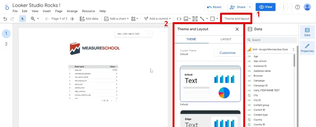 Theme and layout pane in Looker Studio