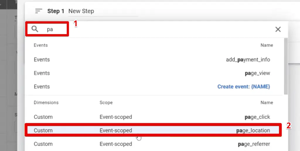 Using the page_location dimension for the matching condition