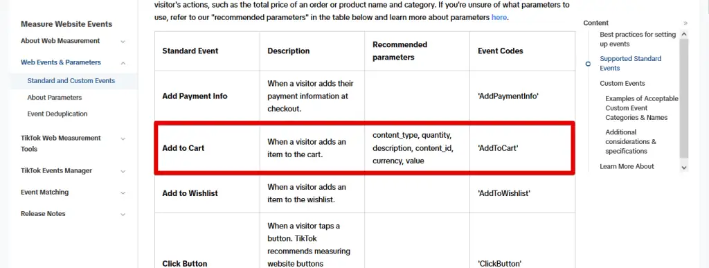 Add to cart standard event in the TikTok documentation