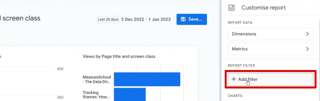 Adding a filter to the pages and screens report