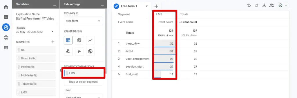 Adding a segment comparison to the exploration report
