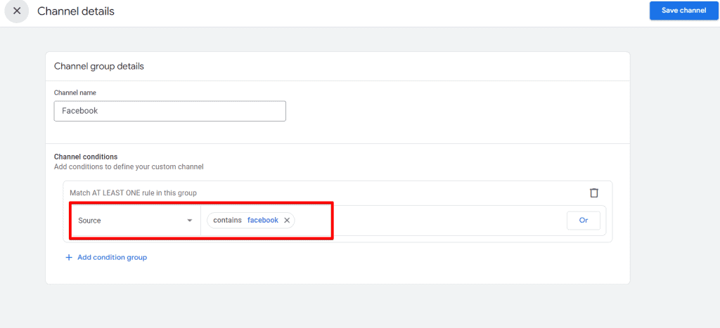 Adding matching rules of a new Facebook separate channel