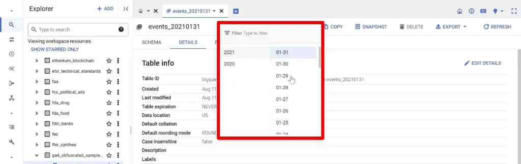 Available dates in the dataset