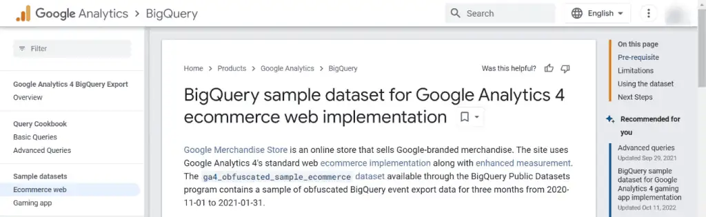 BigQuery sample dataset for GA4