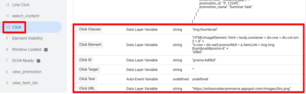 Click event in GTM preview mode and built-in click variables