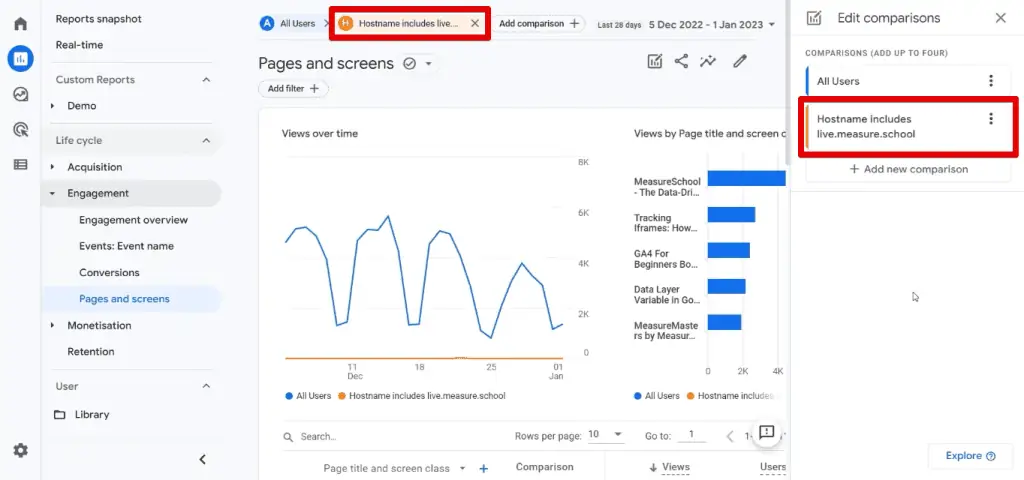 Comparison segment in the pages and screens report
