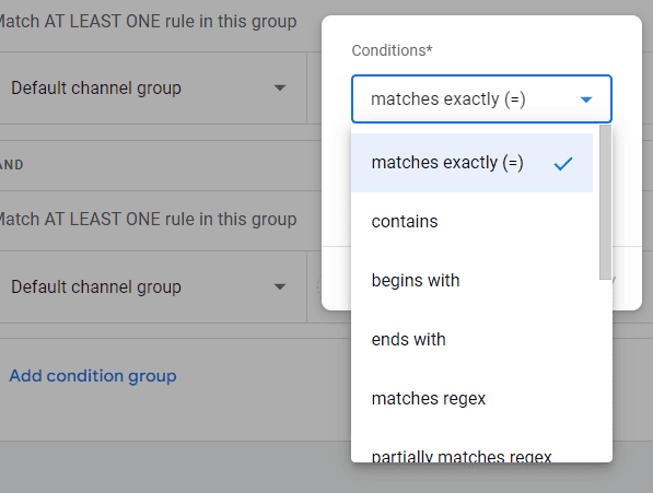 Conditions and matching rules available in the channel group