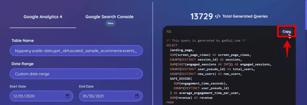 Copying the code for the landing page query