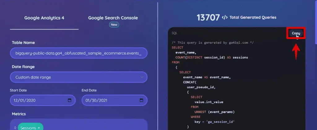 Copying the code for the sample query