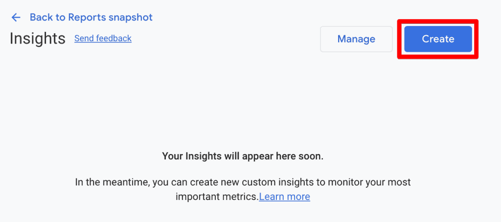 Create button on the Insights dashboard