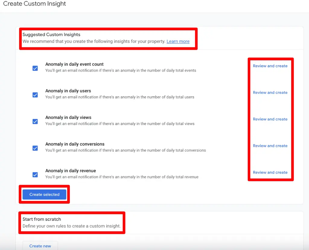 Create suggested insights or setup from scratch
