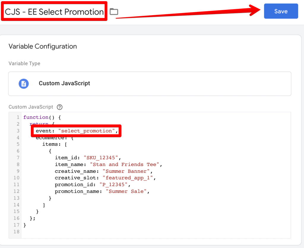 Custom Javascript Variable with select_promotion event