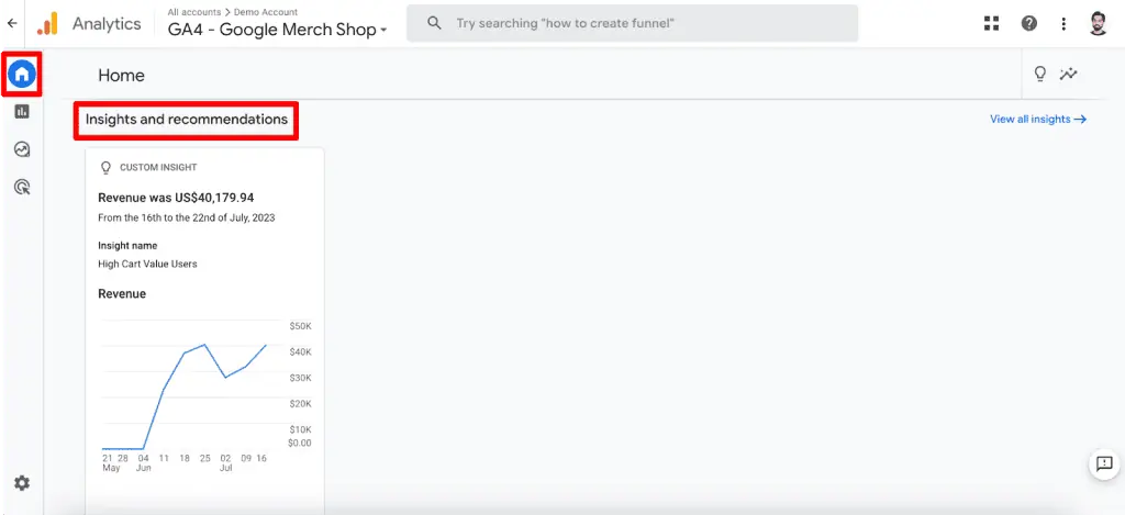 Custom insights card on GA4 home