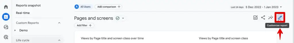 Customizing the pages and screens report