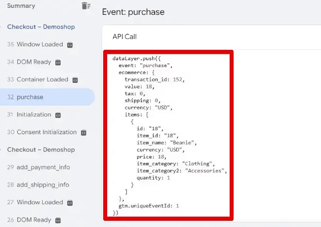 Data layer for the purchase event