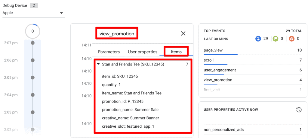 Debugview showing view_promotion with items array