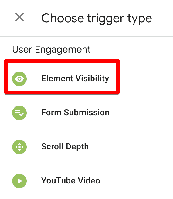 Element visibility trigger type in GTM