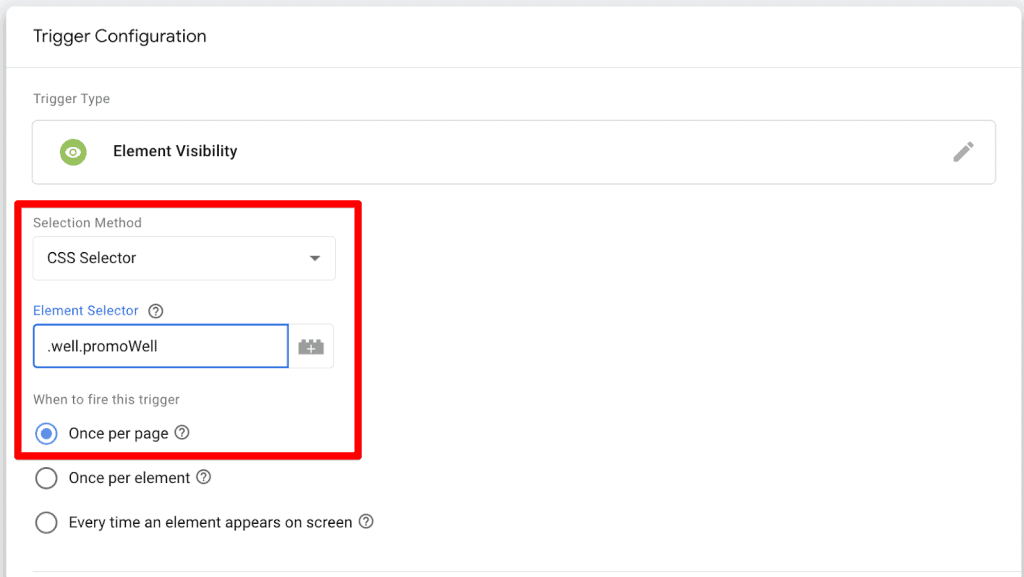 Element visibility trigger with CSS selector and when to fire