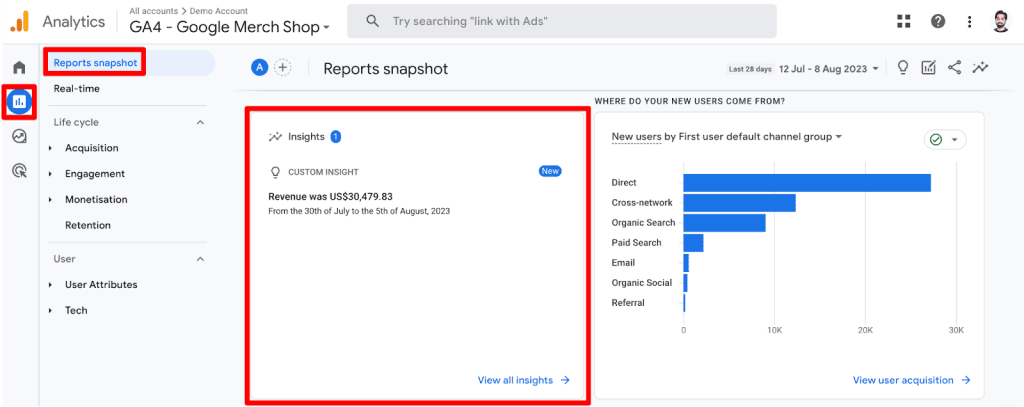GA4 reports snapshot with insights card