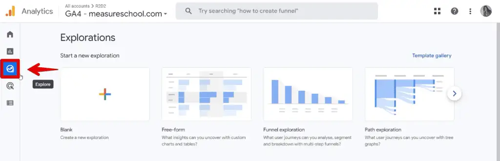 Going to the explorations tab