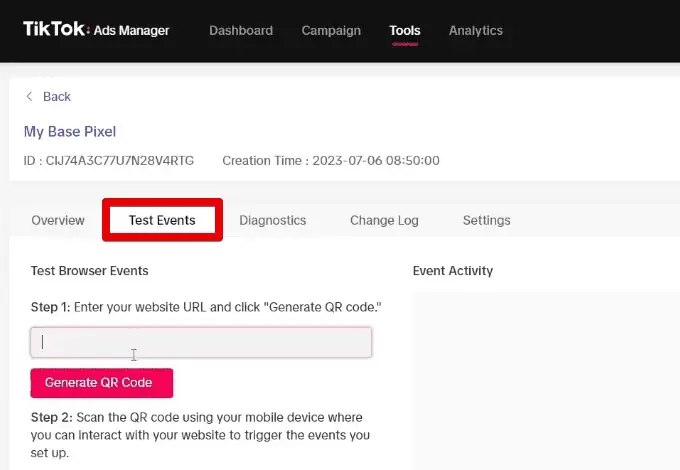 Going to the test events tab