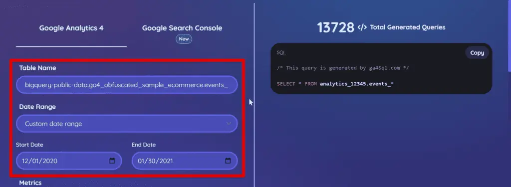 Keeping the table name and date range settings