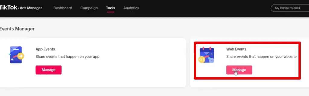 Managing web events in the events manager