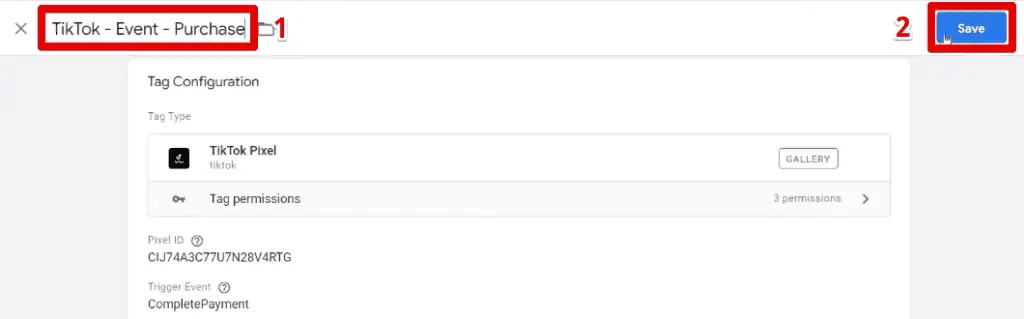 Naming and saving the TikTok event tag