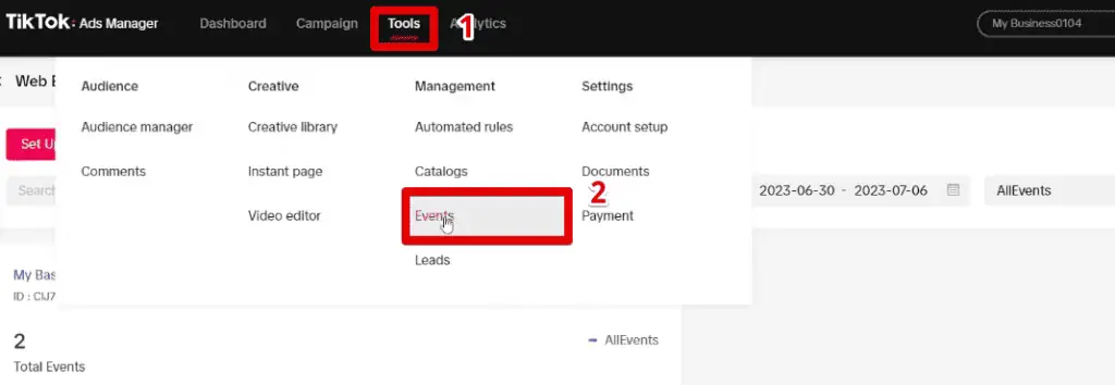 Opening the TikTok events manager
