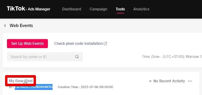 Opening the base TikTok pixel