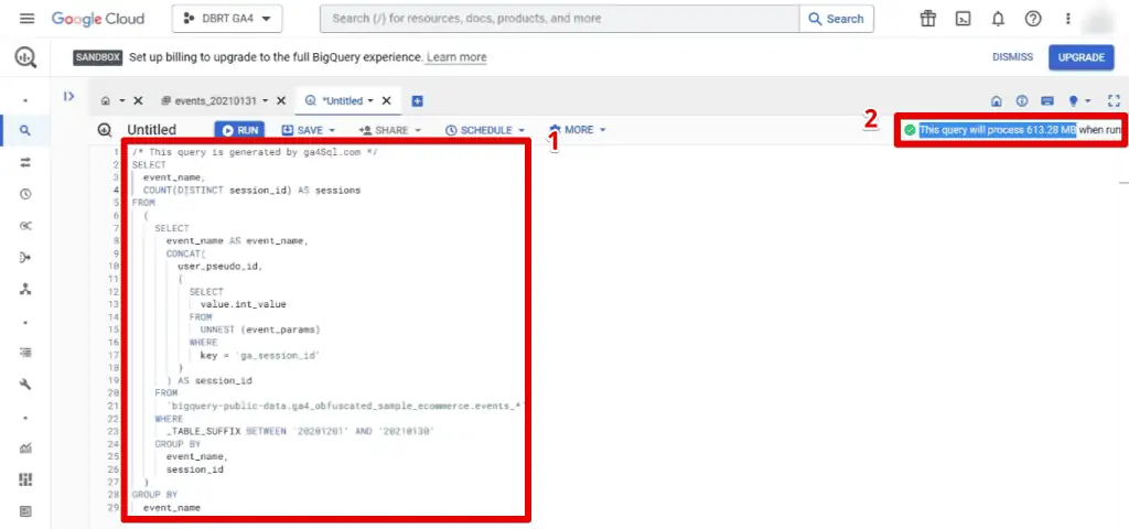 Pasting the query code and query size message