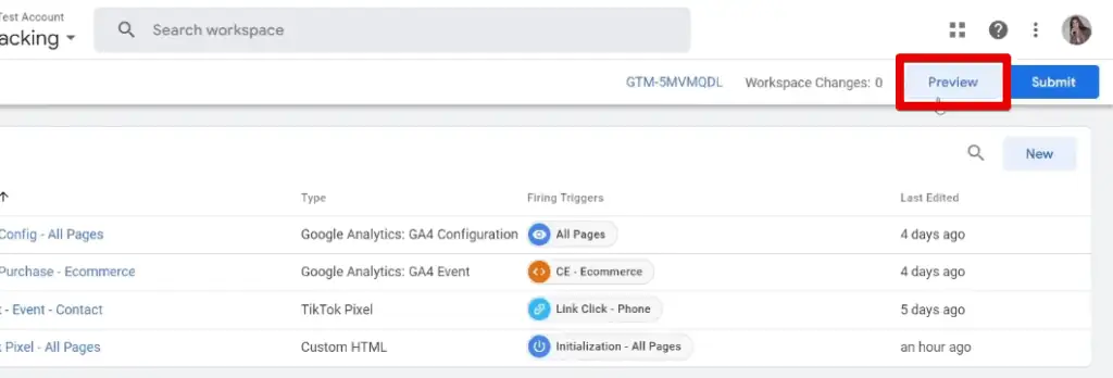 Preview of the GTM container