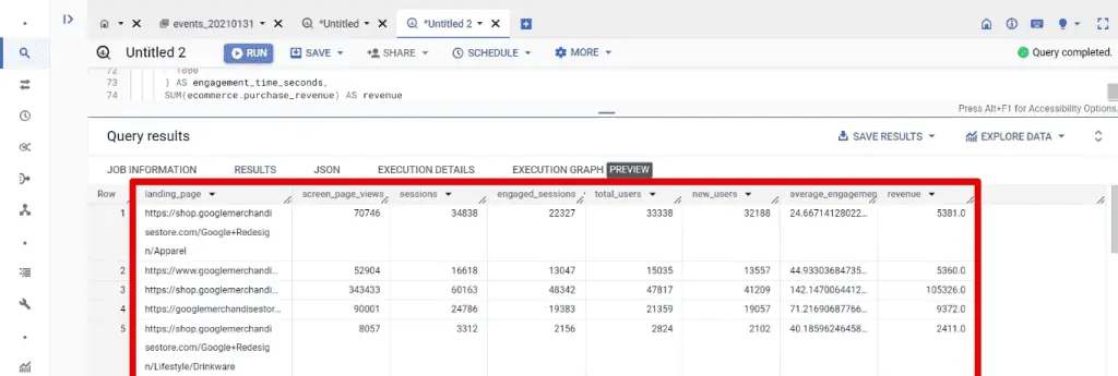 Results of the landing page query