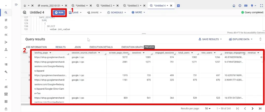 Running the updated landing page query code