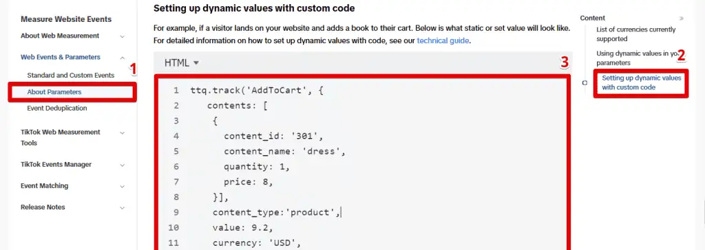 Sample code for setting up dynamic values
