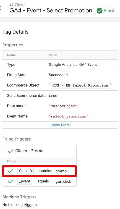 Select promotion tag firing when the click ID contains promo- in GTM preview mode