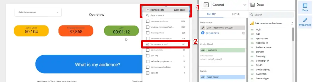 Selecting live.measure.school in the data control