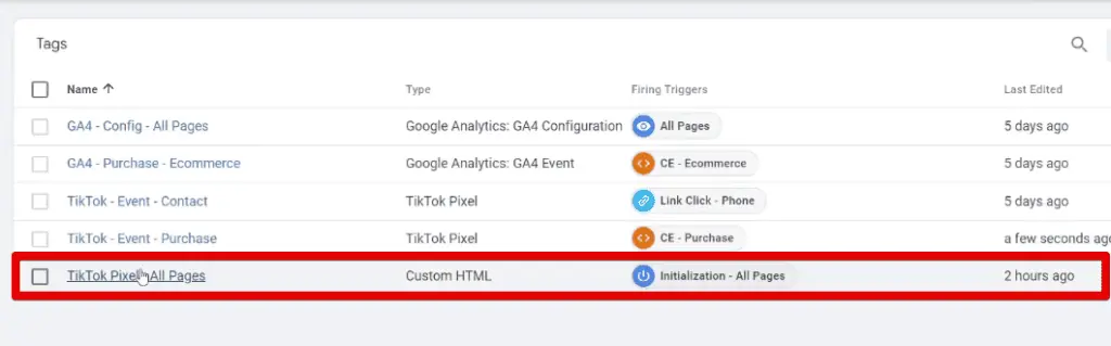 Selecting the TikTok base pixel tag
