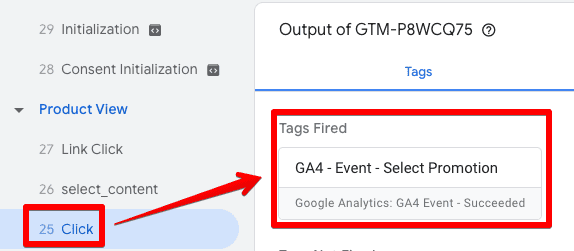 Selecting the promotion tag in GTM preview mode on the click event