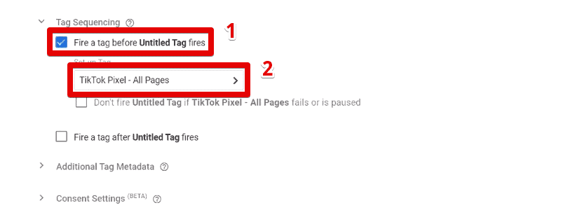 Setting the event tag to fire after the base TikTok pixel tag