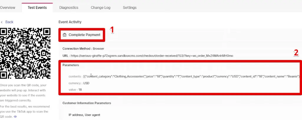 The complete payment event in the TikTok events manager