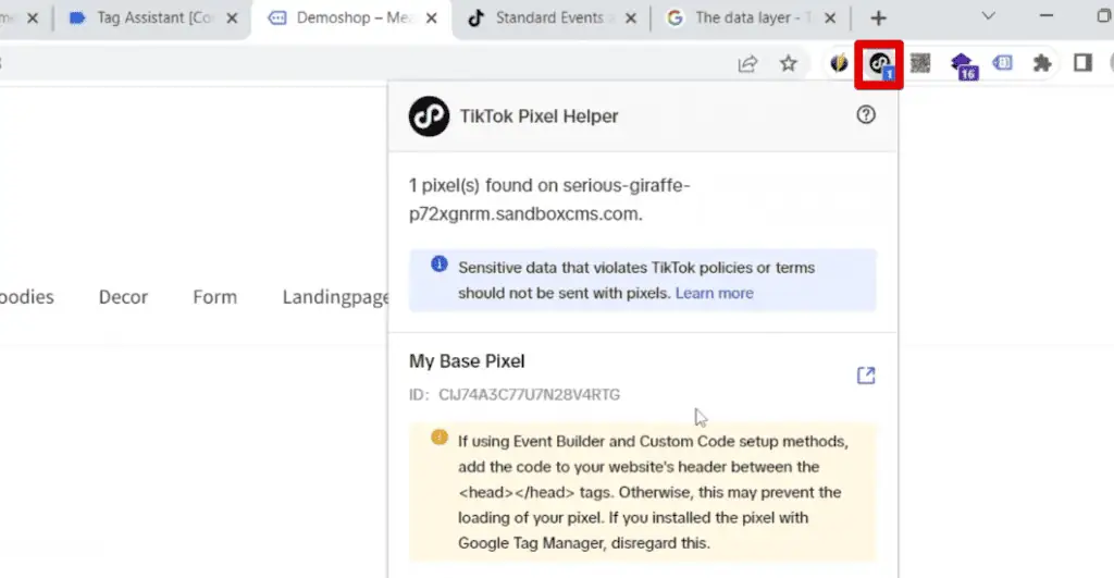 TikTok pixel helper Chrome extension