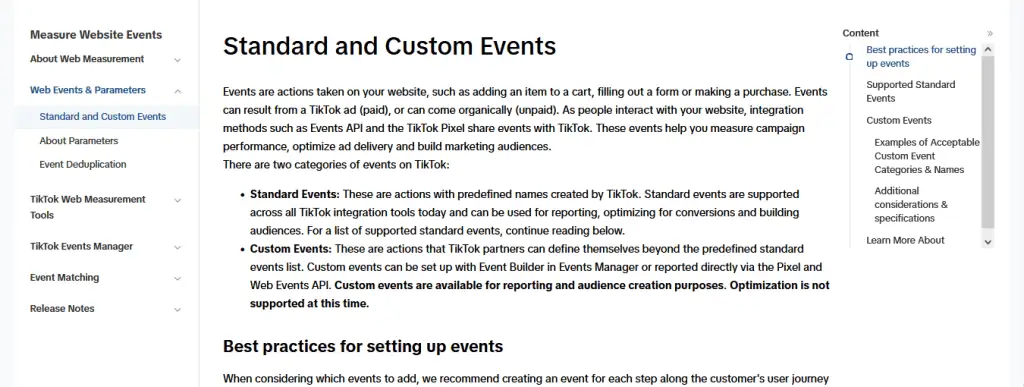 TikTok standard and custom events documentation