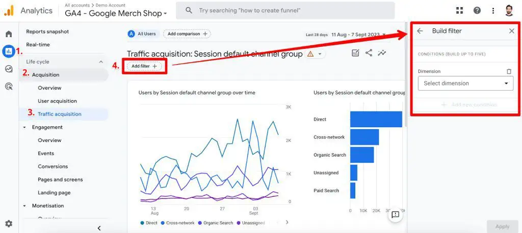 Add a filter option in GA4 standard reports