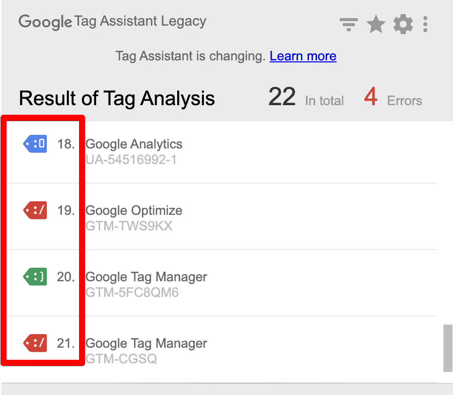 Coloring types of tag statuses in Google Tag Assistant