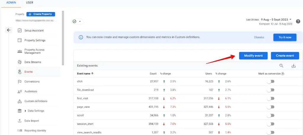 Modifying events in admin panel GA4