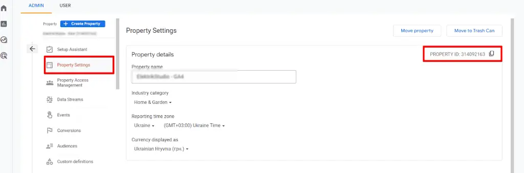 Property ID inside of settings section