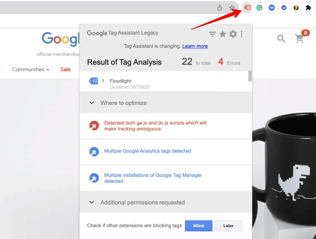 Running the main menu of the Google Tag Assistant extension from the sidebar
